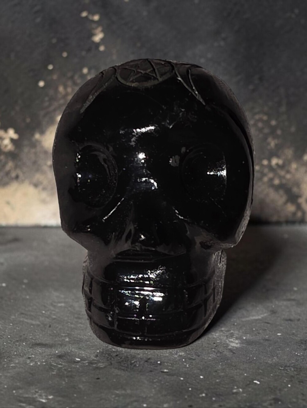 Black Onyx Skull Miniwith Triple Moon & Pentacleapprox 1.5″